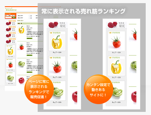 常に表示される売れ筋ランキング、ページに常に表示されるランキングで販売促進！カンタン設定で動きあるサイト！