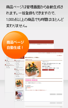 商品ページ自動生成！商品ページは管理画面から自動生成されます。一括登録もできますので、1,000点以上の商品でも時間はほとんど変わりません。